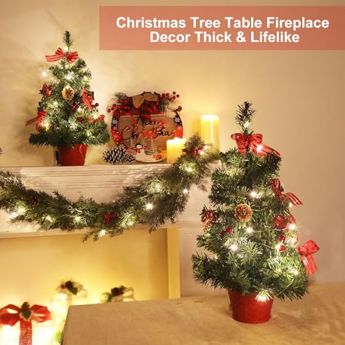 2PACK GRANDEAL 20 Inch Lighted Tabletop Mini Christmas Tree with Timer Artificial Small Christmas Tree with Lights Ornaments Bows Gifts Pinecones Basket Base Christmas Decorations Office Home Decor