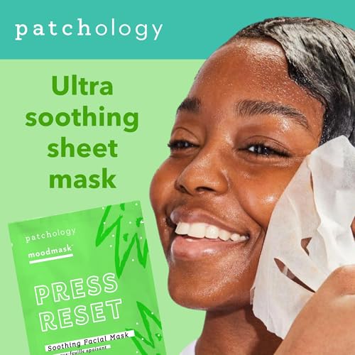 Patchology Press Reset Aloe Vera Face Mask - Moisturizing Facial Sheet Masks w/ Lavender & Vitamin B5 for Skin Relaxation & Revitalization - Ideal Skincare Solution for Sun-Exposed Skin (4 Count)