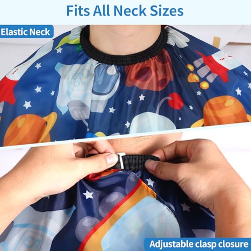 Kids Barber Cape with Neck Duster Brush - Cartoon Space, Adjustable Snap Closure