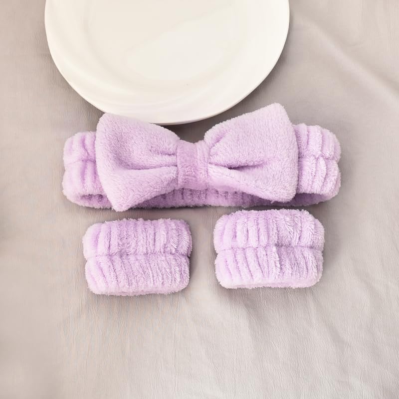 Skincare Headbands and Wristbands for Women Girls Headband for Washing Face for Women Girls Face Washing Wristbands for Women Girls Purple Spa Headband Face Wash Headband and Wristband Set