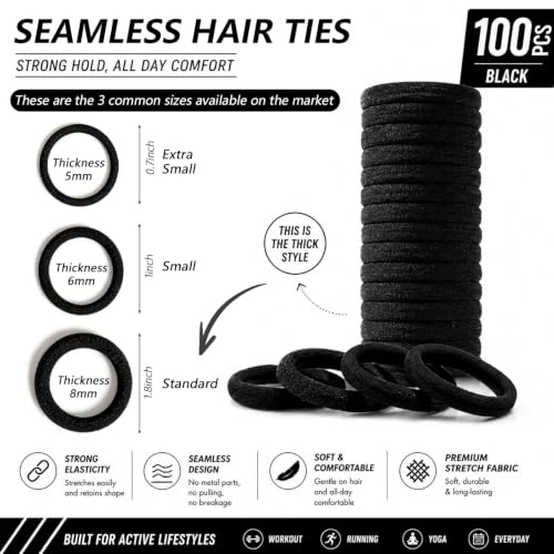 100 Pack Black Seamless Elastic Hair Ties - No Damage