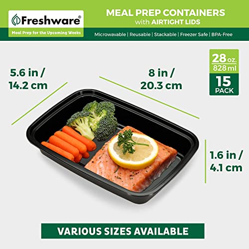 Freshware Meal Prep Containers 15 Count (Pack of 1) Compartment Food Storage Containers with Lids, Bento Box, BPA Free, Stackable, Microwave/Dishwasher/Freezer Safe (28 oz) (Color May Vary)