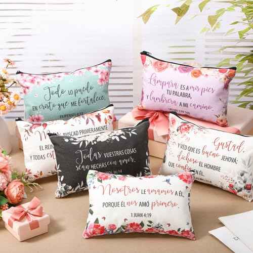 Kacctyen 18 Pcs Spanish Bible Christian Women's Religious Gift Christmas Gifts Cosmetic Bags Inspirational Bible Verse Pencil Pouch Motivational Makeup Bag with Zipper for Travel (Fresh)