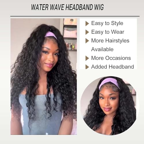 Curly Headband Wigs for Black Women Wet and Wavy Afro Headband Wig Water Wave Blend Human Hair & Synthetic Hair Ready to Go Glueless Half Wigs 180% Density (Black-#1B, 20 Inch)