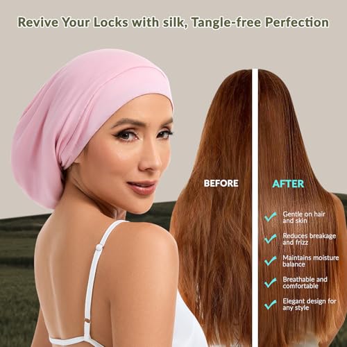 Pink Mulberry Silk Sleep Bonnet for Women - Adjustable Hair Protection