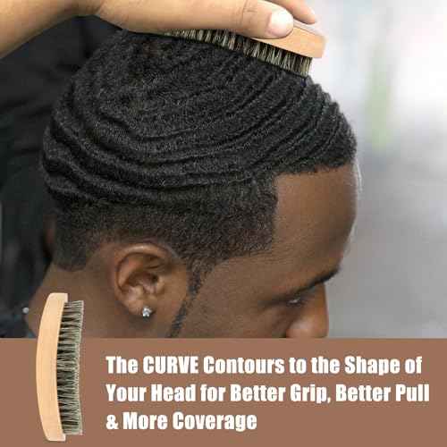 Curved 360 Wave Brush For Men, Medium Hard Palm Wave Brush for Laying Down 360 Waves, Made with Natural Boar Bristle and Wood, Easy to Hold, Perfect for Creating 360 Layer Hair Waves