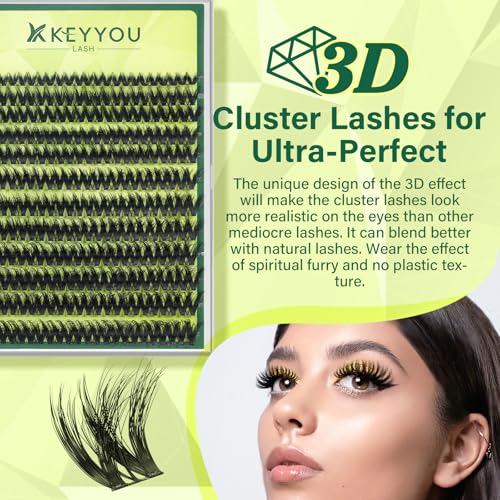 KEYYOU Lash Clusters 3D Effect Volume Eyelash Clusters Flaunt Style 144PCS D Curl Flora Wispy Look LengthLock 8?18mm Mix Ultra-Thin Black Band (PuffSilk V3D01)