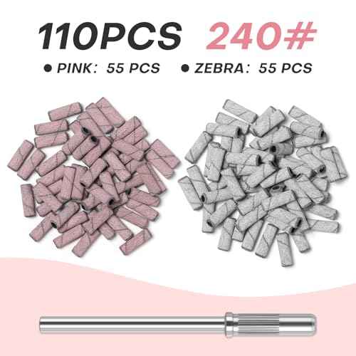 110pcs Small Sanding Bands Nail Drill Bits with 3.1mm Mandrel Nail Bit, 240 Fine Grit Nail File for Acrylic Nails Gel Manicures and Pedicures Salon (Zebra+Pink, 240 Grit)