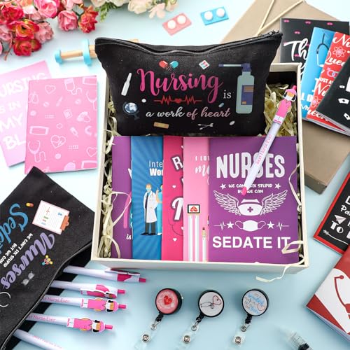 Yeaqee 48 Pcs Nurse Christmas Appreciation Gifts Set Bulk Include Makeup Cosmetic Bag Pocket Journal Notebooks Ballpoint Pen Badge Reel for Christmas Women Rn Assistant Student(Black,Nursing)