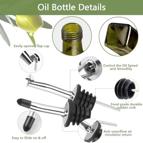 Leaflai Olive Oil Dispenser Bottle, 1 Pcs Green Glass Olive Oil Dispenser and Vinegar Dispenser Set with 2 Stainless Steel Pourers, 2Labels,1 Brush and 1 Funnel Oil Bottles for Kitchen (500ml)