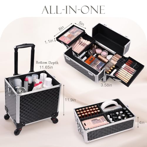 Professional Rolling Makeup Train Case | Aluminum Trolley with 360° Wheels