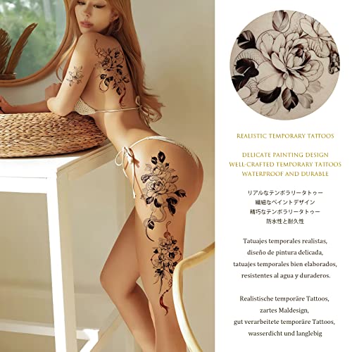 Roarhowl Large and exquisitely fake tattoo,oriental elements of big flowers, temporary tattoos for women sexy 10 designs