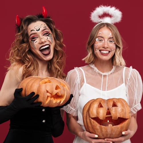 HOWAF 4 Sheets Halloween Angel Face Tattoos Angel Wing Full Face Temporary Tattoos for Hallows' Eve Angels Costumes Accessories, Black and White Fallen Angels Tattoo Stickers