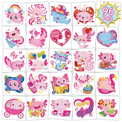 Konsait 96PCS Axolotl Tattoos for Kids, Pre-cut Axolotl Theme Temporary Tattoos, Axolotl Birthday Decorations Party Favors, Kids Axolotl Gifts & Reward, 48 Designs
