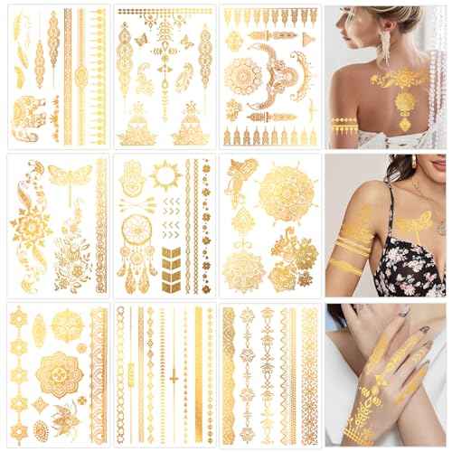 Konsait 9 Sheets Metallic Tattoos, Elaborate Floral Elephant Patterns Metallic Temporary Tattoos for Women Girls, Gold Tattoos for Parties Makeup Cosplay Festival Accessories