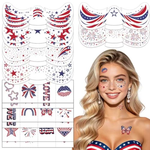 Glitter 4th of July Face Tattoos - Red White Blue Party Favors (18 Sheets)