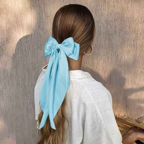 4 Pcs Hair Bows for Women Big Ribbon Bows for Hair Long Tail Bow Hair Clips Cute Hair Barrettes Hair Accessories for Girls (Blue + White + Gray + Black)