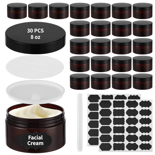 30 PCS 8 oz Plastic Lotion Containers with Lids, Refillable Amber Cosmetic Jar with Leakproof Gasket & Inner Pull Tab, Empty Round Sample Container for Cream Lotion Body Butter Makeup Travel Storage