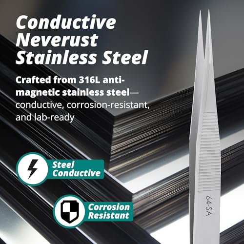 Excelta 64-SA Precision Tweezers, Straight Fine Tip, 4.75" Anti-Magnetic 316L Neverust Stainless Steel, Serrated Handle, ESD-Safe, Swiss-Made Tool for Electronics, Lab Use, Cleanroom & Forensics