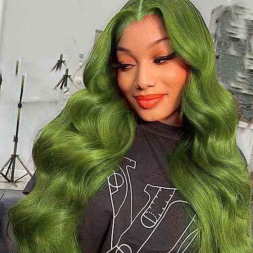 Green Lace Front Wig Body Wave Glueless Lace Wigs Olive Green Long Curly Wavy Pre Plucked Natural Wig Synthetic Heat Resistant Fiber Hair Colorful Wig for Women Daily 24 Inch