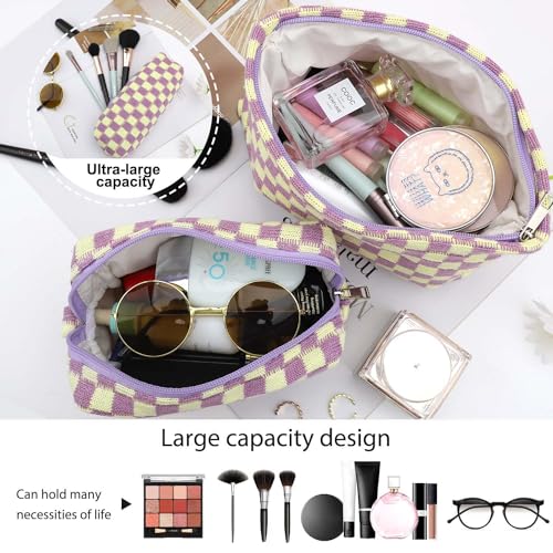EIMMBD 3-Piece Makeup Bag Set - Large Capacity Checkered Travel Cosmetic Pouches