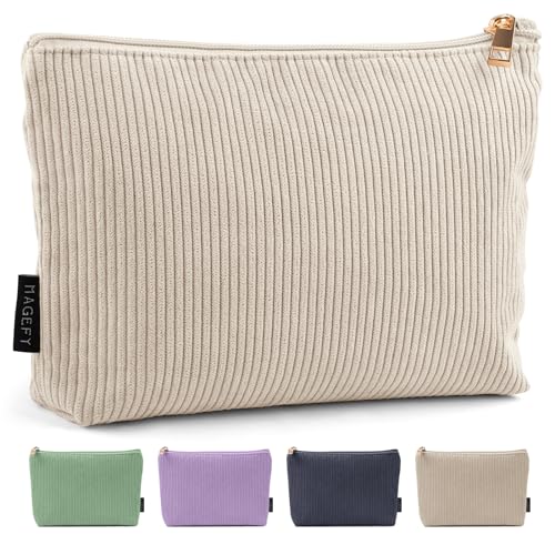 Small Corduroy Makeup Bag with Inner Zipper Pocket, Beige