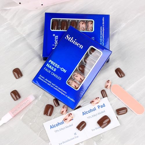 Dark Brown Press On Nails Kit with Gold Leaf Accents - 30 Pcs
