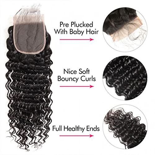 Brazilian Deep Wave 5x5 Lace Closure 100% Unprocessed Human Virgin Hair Deep Curly Free Part Closure Pre-Plucked Hairline Loose Deep Closure Natural Black Baby Hair (18inch, 5x5 deep wave closure)