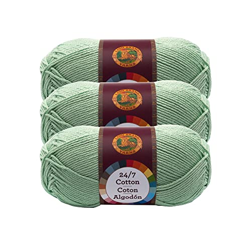 Lion Brand 24/7 Cotton Yarn, Lightweight Yarn for Knitting, Crocheting, and Crafts, Mint, 3 Pack