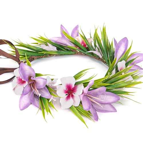Hawaiian Leis Flower Headband - Hawaii Floral Headpiece Tropical Luau Flower Crown with Ribbon Lei Luau Dress Up Accessory Summer Beach Wedding Party Festival Photos (Purple, Pink)