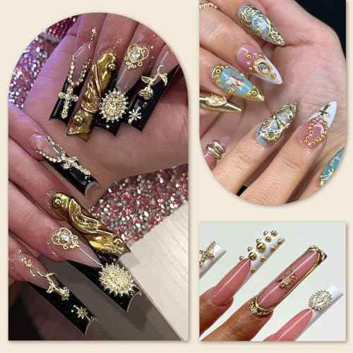 3D Cross Nail Charms,Gold Flat Back Nail Pearls Beads for Crafting,Cute Nail Charms Y2k Rhinestones Jewelry for Nail Art Flower Virgin Mary Religious Charms Gems Bulk Nail Chains (Gold)