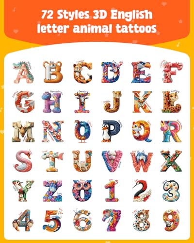 72 Pcs Temporary Tattoos - Animal & ABC Designs