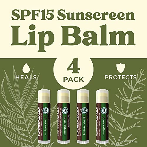 SPF Lip Balm 4-Pack by Earth's Daughter - Lip Sunscreen, SPF 15, Organic Ingredients, Eucalyptus Mint Flavor, Beeswax, Coconut Oil, Vitamin E - Hypoallergenic, Paraben Free, Gluten Free