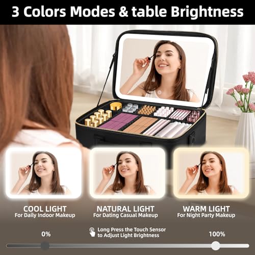 Upgraded Large Travel Makeup Bag with LED Mirror, 15¡± Professional Makeup Case with 3 Color Modes Dimming Lighted Mirror, Light up Cosmetic Make up Organizer with PU Leather Cover, Adjustable Dividers