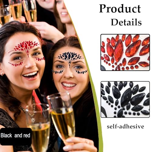 Halloween Face Tattoo Stickers 2-Pack - Black & Red Rhinestones