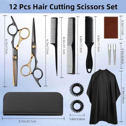 12 Pcs Hair Cutting Scissors Kit - 6.5 Inch VG10 Steel Shears for Salon & Home Use