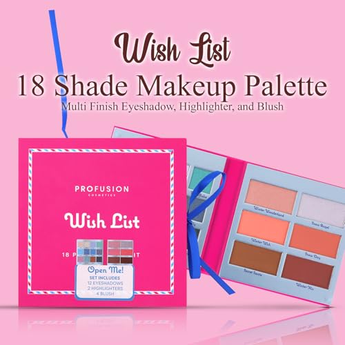 Profusion Cosmetics Wish List Makeup Palette - 18 Richly Pigmented Shades for Eye & Cheek with 12 Eyeshadows, 4 Blush & 2 Highlighter Powders in Fold-Out Book Design, Vegan & Cruelty-free