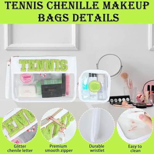 party greeting 2Pcs Tennis Gifts Tennis Chenille Makeup Bags Portable Travel Cosmetic Bag with Zipper Preppy Patch Letter Bag Waterproof Storage Purse Flat Clear PVC Organizer for Women