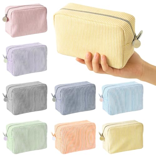8 Pack Seersucker Cosmetic Bag with Striped Pinstripe Design