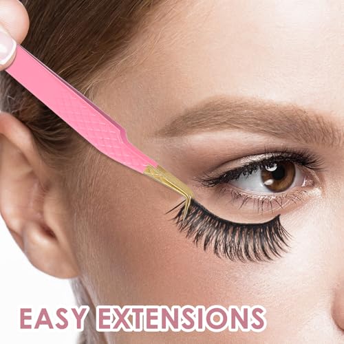 2Pcs Lash Tweezers for Eyelash Extensions 90 Degree Eyelash Extension Tweezers Fiber Tip Lash Tweezers False Eyelash Tweezers Lash Cluster Tweezers for Volume Lashes, Pink