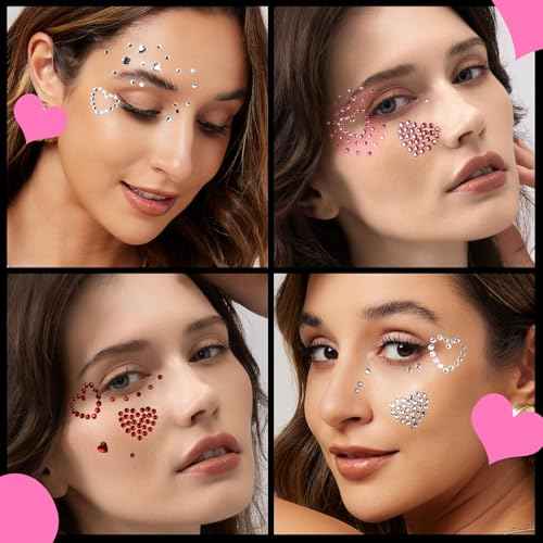 YGDZ Face Gems 5 Sheets Hair Gems, Self Adhesive Face Jewels Stickers, Heart Festival Face Gems Stick on, Rhinestone stickers for Face, Eye, Makeup, Rave Accessories for Kids, Women