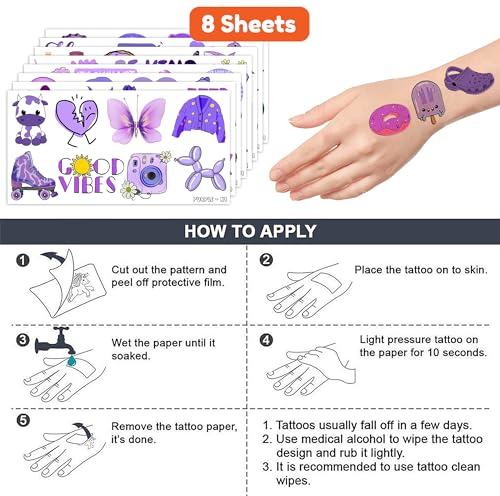 Purple Temporary Tattoos - 76 Pieces, 8 Sheets Waterproof