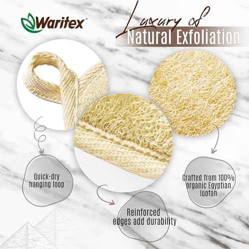 Waritex Egyptian Loofah Exfoliating Body Scrubber with Hand Strap, Oval Shower Pads Made from Natural Egyptian Loofah Fibers, Gentle Cleansing for Face and Body, for Men and Women 2 Count (1 Pack)