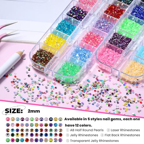 5 Boxes 2mm Flatback Nail Rhinestones Kit 13200 Pcs Colorful AB Round Transparent White Rainbow Crystal AB Gems Half Pearls with Pick Up Pen and Picker Tweezers for Craft Art and Face Makeup(2mm)