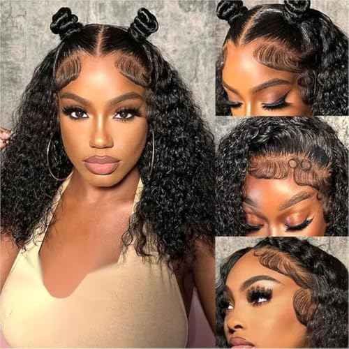 Deep Wave Bob Wig Human Hair 13x4 Hd Lace Front Wigs Human Hair Wear and Go Glueless Wigs Human Hair Pre Plucked Pre Cut Short Curly Bob Wigs For Women 180% Density 14 inch