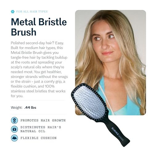Gimme Beauty Metal Bristle Brush - Stainless Steel Bristles for Healthy Shine - Designed to Detangle Hair Types - Supports Scalp Care - Hair Brush with Comfy Handle