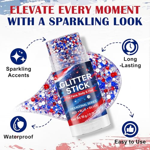 Patriotic Red White Blue Glitter Stick for Face & Body Waterproof 4th of July Makeup