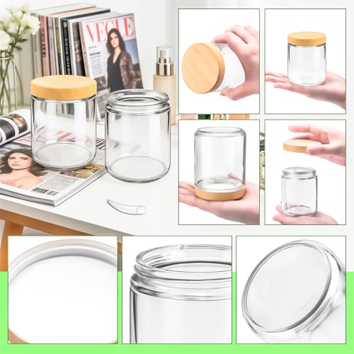 MotBach 8oz Wood Grain Glass Jars with Lids & Spatulas - Travel Cosmetic Containers