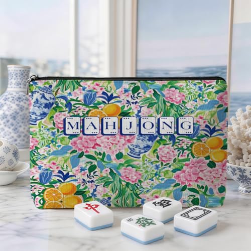 Blue Leaves Multicolor Floral Mahjong Tile Bag with Zipper - American Mahjong Case