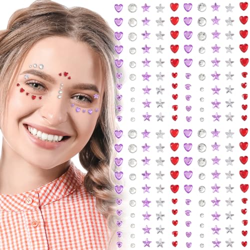 2 Sheets Star Heart Face Gems Stickers Red Purple Clear Eye Jewels Rhinestones Round Crystal Makeup Tattoo Halloween Rave Bachelorette Party Festival Accessories for Women